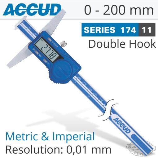 Dig. caliper 200mm 0.03mm acc. double hook depth 0.01mm res. s/steel