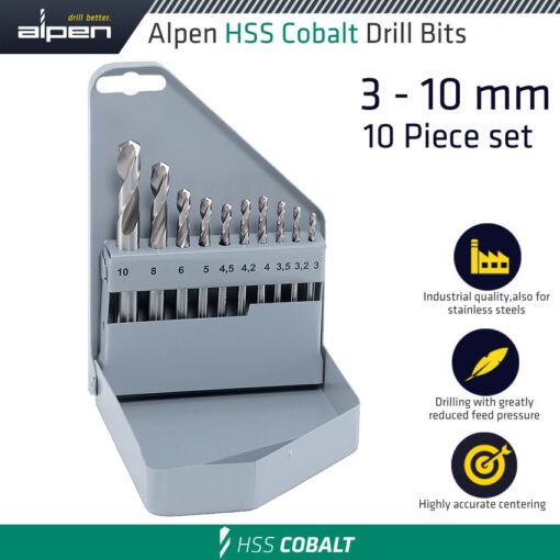 Alpen hss cobalt 10 pcs set km pz10 3 3.2 3.5 4 4.2 4.5 5 6 8 10mm