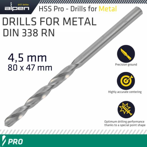 Alpen pro hss 4.5mm drill din 338 rn 135 split point plastic wallet  (