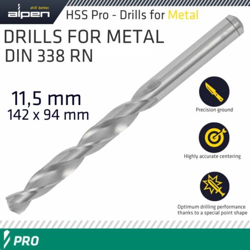Alpen pro hss 11.5mm drill din 338 rn 135 split point plastic wallet