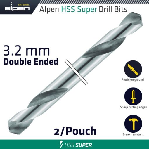 Hss super drill bit double ended 3.2mm 2/pouch