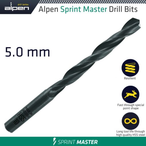 Hss sprint master 5mm x1 sleeved din338 alpen drill bit