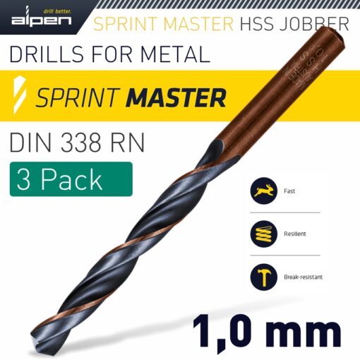 Hss sprint master  1.0 mm x3 sleeved din338 alpen drill bit