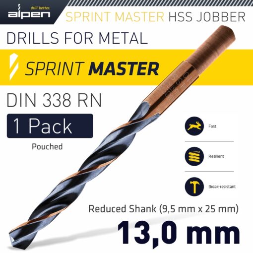 Hss sprint master 13.0mm red shank 9.5mm x1 sleeved din338 alpen drill