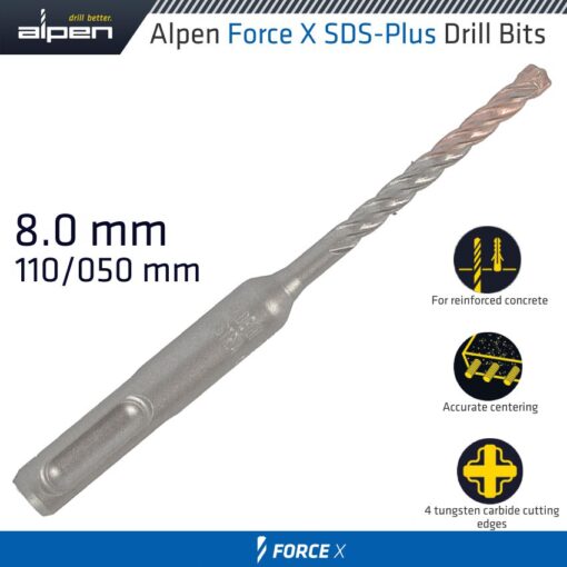 Force x 8.0 x 110/050 sds-plus drill bit x4 cutting edges - bulk