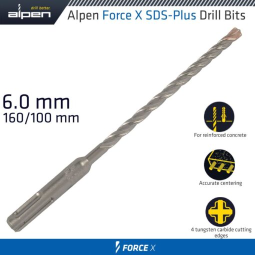 Force x 6.0 x 160/100 sds-plus drill bit x4 cutting edges - bulk