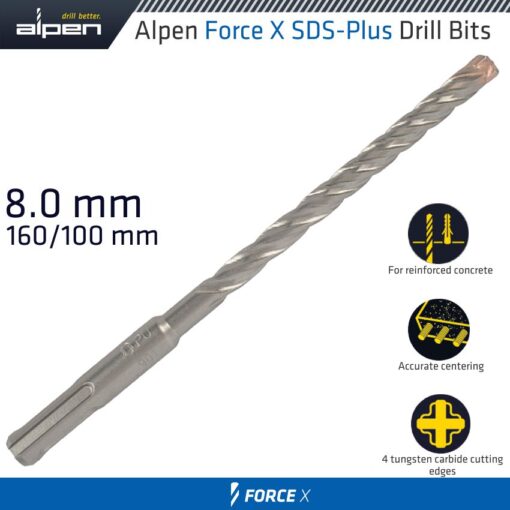 Force x 8.0 x 160/100 sds-plus drill bit x4 cutting edges - bulk