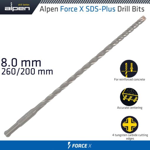 Force x 8.0 x 260/200 sds-plus drill bit x4 cutting edges - bulk