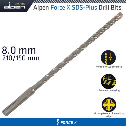 Force x 8.0 x 210/150 sds-plus drill bit x4 cutting edges