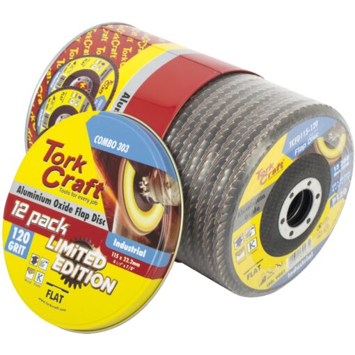 Flap disc alu. oxide 115mm 120 grit flat 12pc metal tin