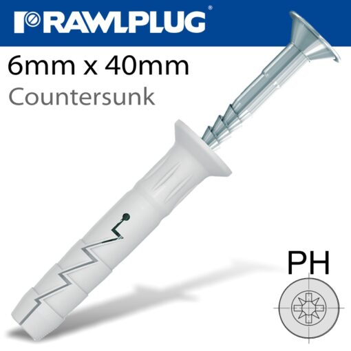 Nyl nail-in fixing 6x40mm csk head x300 per jar