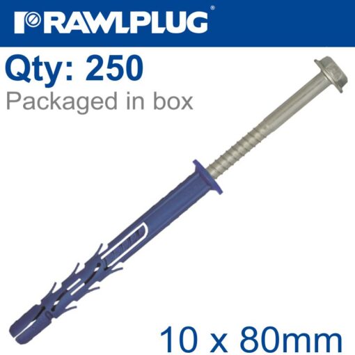 Nyl frame fixing zp + collar hex screw 10mmx80mm x250 -box