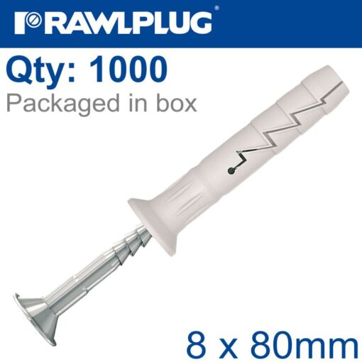 Nyl nail-in fixing 8x80mm+ csk head x1000 per box