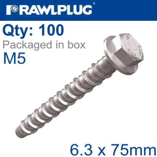 Concrete screwbolt m5 6.3x75mm hex flange zinc fl x100-box