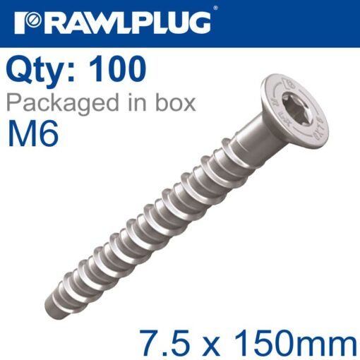 Concrete screwbolt m6 7.5x150mm hex head with flange galv box of 100