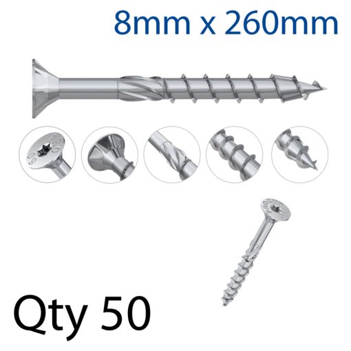 Con screw 8,0x260 mm csunk head, part threadx50-box