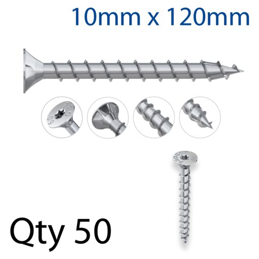 Con screw 10x120mm csunk head, full thread x50-box