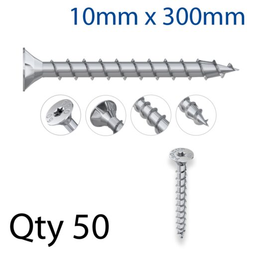 Con screw 10x300mm csunk head, full thread x50-box