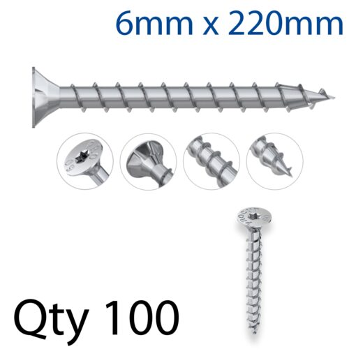 Con screw 6x220mm csunk head, full thread x100-box