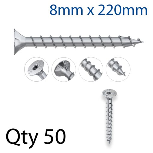 Con screw 8x220mm csunk head, full thread x50-box