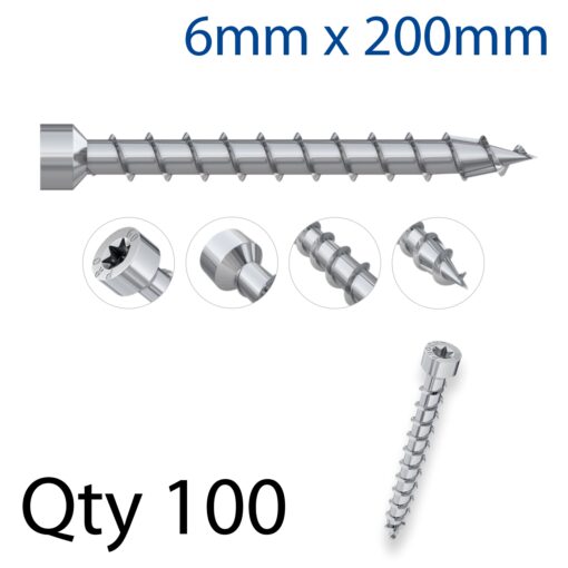 Con screw 6x200mm cyl head, full threadx100-box