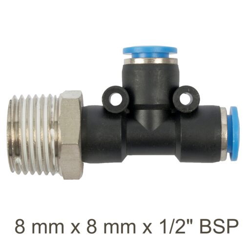 Pu hose fitting tee 8mm x 8mm x 1/2'm