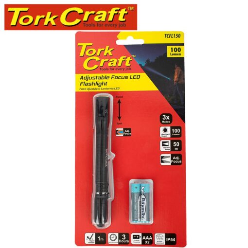 Torch led alum focus adj 100lm blk use 2 x aaa bat 2 mode flash light