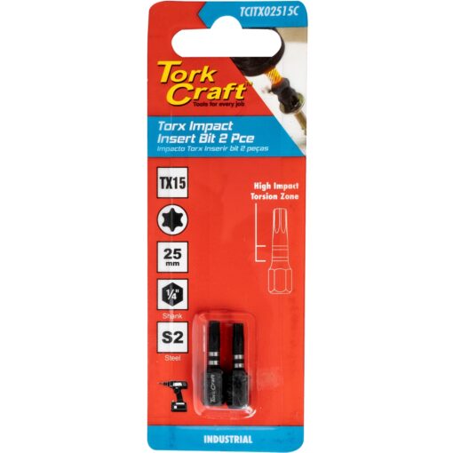 Torx tx 15 impact bit 25mm 2pc carded