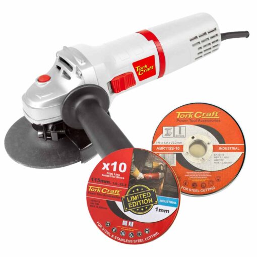 Angle grinder 115mm tcag0115 c/w 10pce 115mm cutting disc promo tin