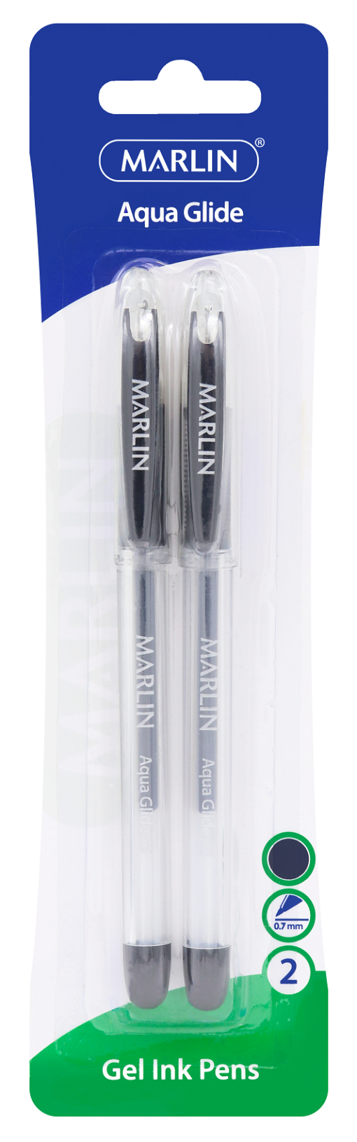 Marlin Aqua Glide 0.7mm Gel Ink Pens - Black (Blister of 2)